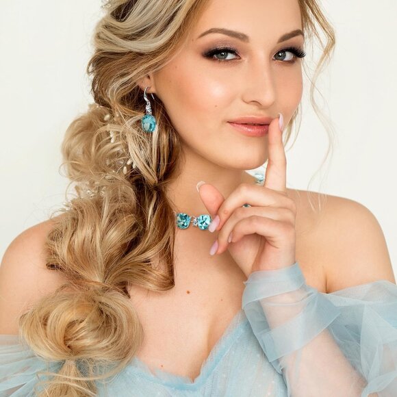 Blue Austrian Crystal Wedding Jewelry Set Necklace Earrings for Brides Bridesmai - Picture 5 of 8